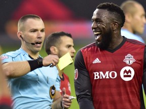 Toronto FC forward Jozy Altidore (17) reacts after receiving a yellow card during first half MLS soccer action against the New York Red Bulls, in Toronto on November 5, 2017.  THE CANADIAN PRESS/Frank Gunn