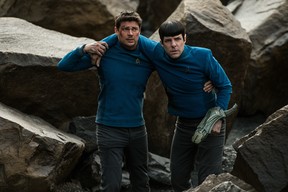 In this image released by Paramount Pictures, Karl Urban portrays Bones, left, and Zachary Quinto portrays Spock in a scene from “Star Trek Beyond.” (Kimberley French/Paramount Pictures via AP)