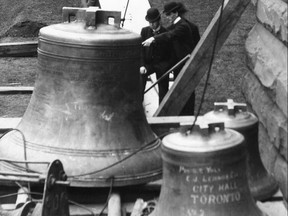 Following the arrival by ship of the three bells from the Gillett and Johnston foundry in Croydon, England on Oct. 24, 1900, the trio was to remain in a waterfront warehouse until plans for hoisting them into Toronto’s new City Hall’s clock tower were finalized. When all was ready commencing at 10:30 a.m., the morning of Nove. 24, 1900, hundreds watched as the two smaller bells (one 3,382 and the other 1,995 lbs.) were hoisted into place using a steam-powered winch. The large bell, nicknamed by some “Toronto’s Big Ben” and weighing 12,768 lbs., was hoisted and positioned in place the following Mon., Nov. 26.