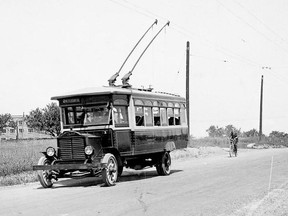On June 19, 1922, Torontonians got their very first look at the latest in public transit vehicles when the one-year-old Toronto Transportation Commission placed four of its newly-arrived electric trolley buses on the Mount Pleasant route that had heretofore been served by gasoline-powered buses. With this improvement in public transportation, the north Toronto community served by these new buses grew quickly — so much so, that three years later, the Commission decided to replace the 30-seat trolley buses with larger electric streetcars. To accommodate the local population and the resulting increase in transit ridership the original trolley bus route, by which the buses had connected Eglinton Ave. with the Toronto and York Radial Railway stop at Merton and Yonge Sts. via Mt. Pleasant Rd. and Merton St., was expanded. In this 1922 photo from the TTC Archives, trolley bus #1 is shown southbound on Mt. Pleasant Rd. approaching Davisville Ave. That cyclist would have to wait and wait and wait for dedicated bicycle lanes. On Nov. 3, 1925, streetcars on the St. Clair route began operating from the route’s existing eastern loop at the northeast corner of the St. Clair and Mt. Pleasant intersection north on Mt. Pleasant Rd. to a loop at Eglinton Ave. When the bridge on Mt. Pleasant Rd. south of Merton that carried traffic over the old Belt Line railway right-of-way was replaced in 1976 so too were the streetcars…by trolley buses. On July 16, 1993, all trolley bus operations throughout the city (with the Bay route being the last) came to an end.