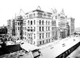 Considering the scope of project and the time it took to complete (more than a decade) there are very few photographs showing the construction of Toronto’s magnificent “Old” City Hall. This one, from the City of Toronto Archives and undated, shows the east side (James St.) of the building and the tons of New Brunswick and Credit Valley brown and greystone yet to be placed.