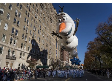 The Olaf balloon glides over Central Park West during the Macy's Thanksgiving Day Parade in New York, Thursday, Nov. 23, 2017. (AP Photo/Craig Ruttle)