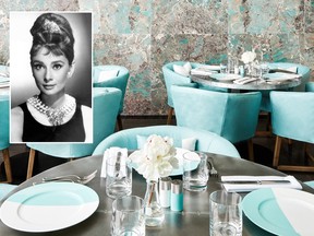 This undated handout photo provided by Tiffany & Co. shows the Blue Box Cafe restaurant, which opened to the public on Nov. 10, 2017, at the jewelry retail chain's flagship 5th Ave. store in New York. (Tiffany & Co. via AP) and  In this undated file photo, actress Audrey Hepburn poses as Holly Golightly in the 1961 movie "Breakfast at Tiffany's." The New York-based jewelry retailer opened a restaurant at its flagship store on 5th Ave. in New York City and the menu does include breakfast. (AP Photo, File)