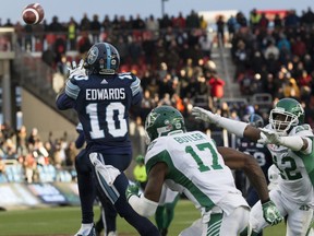 Argos' Armanti Edwards makes a clutch catch near the Riders goalline on Sunday to set up the winning TD. Stan Behal/Toronto Sun/Postmedia Network