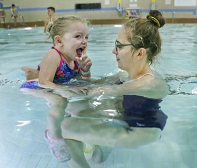 Madi Ambos (L) and Megan Sherwin in the Variety Village pool on Sunday November 19, 2017. Veronica Henri/Toronto Sun