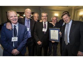 James Wallace , Mike Strobel, Paul Godfrey, Mark Bonokoski , Andy Donato , Ed Patrick and Mayor John Tory at Mark’s induction ceremony at the Toronto Press and Media Club on Tuesday, November 21, 2017. (Craig Robertson/Toronto Sun)