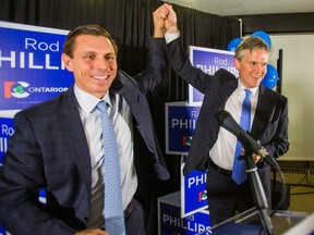 Ontario PC Party leader Patrick Brown celebrates Rod Phillips' nomination acceptance in Ajax on Wed., Nov. 22, 2017.