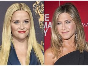This combination photo shows actresses Reese Witherspoon at the 69th Primetime Emmy Awards in Los Angeles, left, and Jennifer Aniston at a screening of "Office Christmas Party" in New York. Witherspoon and Aniston will star in and produce in an untitled  behind-the-scenes drama about a TV morning show for the  Apple streaming service.  (AP Photo/File)