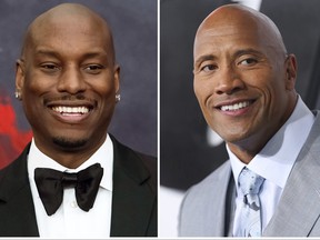 This combination photo shows Tyrese Gibson  (left), and Dwayne 'The Rock' Johnson in Los Angeles.