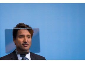 Prime Minister Justin Trudeau is seen through a teleprompter while addressing delegates during the 2017 United Nations Peacekeeping Defence Ministerial conference in Vancouver, B.C., on Wednesday November 15, 2017.