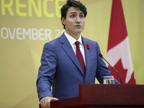 Prime Minister Justin Trudeau speaks during a press conference held on the sidelines of the Asia-Pacific Economic Cooperation (APEC) Forum in Danang, Vietnam, Saturday, Nov. 11, 2017. (AP Photo/Na-Son Nguyen)