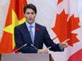 Canadian Prime Minister Justin Trudeau, talks during a press briefing at the Government Office in Hanoi, Vietnam, Wednesday, Nov. 8, 2017.