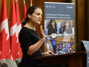 Chrystia Freeland, Minister of Foreign Affairs, makes an announcement on women, peace and security in Ottawa on Wednesday, Nov. 1, 2017.