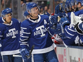 Tyler Bozak of the Toronto Maple Leafs celebrates a goal against the Carolina Hurricanes on December 19. (Photo by Claus Andersen/Getty Images)