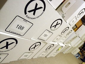 An Elections Ontario worker surveys rows of ballot boxes in the 2003 election.