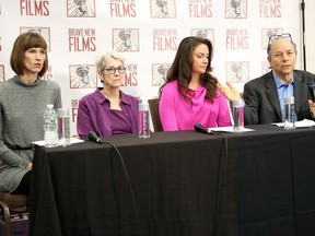 (L-R) Rachel Crooks, Jessica Leeds, Samantha Holvey and founder and president of Brave New Films Robert Greenwald speak during the press conference held by women accusing Trump of sexual harassment in NYC on December 11, 2017 in New York City.