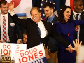 Democratic U.S. Senator elect Doug Jones greets supporters during his election night gathering the Sheraton Hotel on December 12, 2017 in Birmingham, Alabama. Doug Jones defeated his republican challenger Roy Moore to claim Alabama's U.S. Senate seat that was vacated by attorney general Jeff Sessions. (Photo by Justin Sullivan/Getty Images)