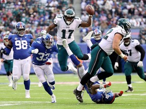 Alshon Jeffery #17 of the Philadelphia Eagles jumps with the ball in the third quarter against the New York Giants during their game at MetLife Stadium on December 17, 2017 in East Rutherford, New Jersey.