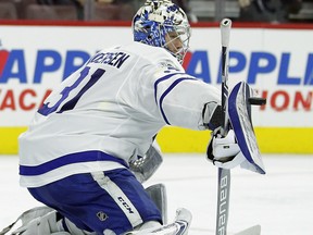 Leafs goalie Frederik Andersen faced another barrage of shots in the third on Tuesday night.  (AP)