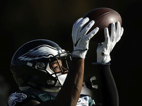 Philadelphia Eagles practice squad member Greg Ward catches a pass during practice at the team's NFL football training facility in Philadelphia, Thursday, Dec. 21, 2017.