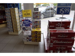 Beer is on display inside a store in Drummondville, Que., on July 23, 2015.  Gerard Comeau of Tracadie launched a constitutional challenge after he was charged with illegally importing alcohol into New Brunswick from neighbouring Quebec.