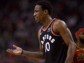 Toronto Raptors guard DeMar DeRozan (10) reacts to a call during first half NBA basketball action against the Atlanta Hawks, in Toronto on Friday, December 29, 2017.
