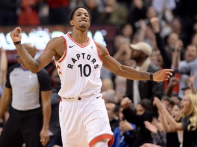 Raptors guard DeMar DeRozan (10) reacts after sinking a 2-point basket in the final seconds of second half NBA basketball action against the New Orleans Pelicans
THE CANADIAN PRESS/Nathan Denette