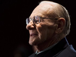 'He  Canadian Second World War veteran and hockey hall of fame inductee Johnny Bower takes part in ceremony showing the new exhibit dedicated to First World War and Second World War veterans at the Hockey Hall of Fame in Toronto on November 10, 2014. Canadian hockey legend Johnny Bower has died. A statement from his family says the 93-year-old died after a short battle with pneumonia. (Nathan Denette/THE CANADIAN PRESS)