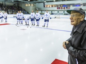 Hockey legend Johnny Bower is on the ice right before the Leafs and Habs Alumni face-off in the Hockey Helps the Homeless Alumni Showcase Game Centennial Arena in Markham, Ont. on Thursday Nov. 13, 2014. (ERNEST DOROSZUK/TORONTO SUN FILES)