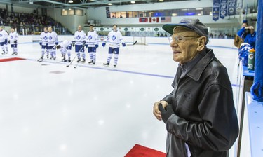 Hockey legend Johnny Bower on the ice right before the Leafs and Habs Alumni face-off in the Hockey Helps the Homeless Alumni Showcase Game at Centennial Arena in Markham, Ont. on Thursday November 13, 2014. Ernest Doroszuk/Toronto Sun