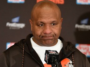 This Dec. 10, 2017, file photo shows Cleveland Browns head coach Hue Jackson answering questions during a news conference after in an NFL football game in Cleveland