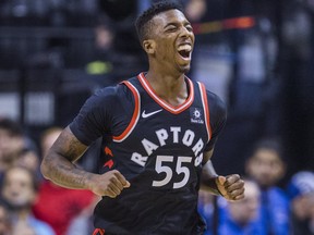 Raptors' Delon Wright reacts during first half NBA action against the Nets at the Air Canada Centre in Toronto on Friday, Dec. 15, 2017.