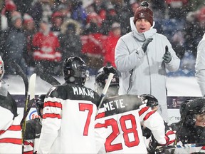 Canada head coach Dominique Ducharme during the IIHF World Junior Championship against the United States at New Era Field on December 29, 2017 in Buffalo, New York. The United States beat Canada 4-3. (Kevin Hoffman/Getty Images)