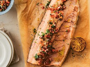 Wild Salmon Bake with Sauce Vierge.