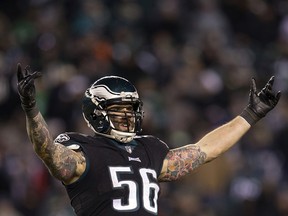Chris Long of the Philadelphia Eagles reacts in the fourth quarter against the Oakland Raiders at Lincoln Financial Field on December 25, 2017 in Philadelphia.