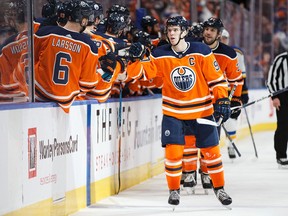 Connor McDavid of the Edmonton Oilers celebrates a goal against the St. Louis Blues at Rogers Place on Dec. 21, 2017