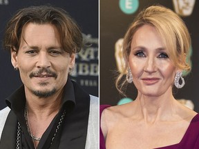 In this combination photo, Johnny Depp appears at the Los Angeles premiere of "Pirates of the Caribbean: Dead Men Tell No Tales" on May 18, 2017, left, and J.K. Rowling appears at the BAFTA Film Awards in London on Feb. 12, 2017. Rowling is voicing her support for Depp and his casting in an upcoming sequel to “Fantastic Beasts and Where to Find Them.” The author published a statement on her website Thursday. Some “Harry Potter” fans have said they would boycott “Fantastic Beasts: The Crimes of Grindelwald” after Depp’s ex-wife Amber Heard said during their divorce that Depp had hit her. (Photos by Jordan Strauss, left, and Vianney Le Caer/Invision/AP, File)