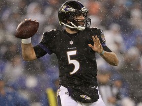 Quarterback Joe Flacco of the Baltimore Ravens throws the ball in the third quarter against the Indianapolis Colts on Dec. 23, 2017