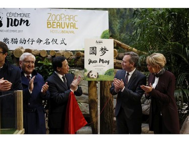 French First lady Brigitte Macron, French Junior Minister for Foreign Affairs Jean-Baptiste Lemoyne, right, Chinese vice-foreign minister Zhang Yesui, 2nd left, and French former prime minister Jean-Pierre Raffarin, left, attend a naming ceremony of the panda born at the Beauval Zoo in Saint-Aignan-sur-Cher, France, Monday, Dec. 4, 2017. The 4-month-old cub is called Yuan Meng, which means "the realization of a wish" or "accomplishment of a dream."