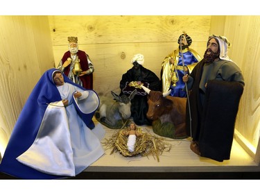 Christmas crib figures of Mary, left, and three wise men are pictured in the village of Aubagne, near Marseille, southern France, Thursday, Nov. 30, 2017.