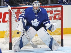 Frederik Andersen of the Toronto Maple Leafs stops a shot during the warm-up prior to playing against the Calgary Flames on Dec. 6, 2017