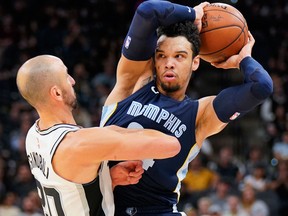 Memphis Grizzlies forward Dillon Brooks, right, looks to pass the ball past San Antonio Spurs guard Manu Ginobili on Nov. 29, 2017