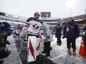 Canada goaltender Carter Hart takes to the ice before the start of the IIHF World Junior Championship preliminary round outdoor game against the USA at New Era Field in Orchard Park, N.Y., Friday December 29, 2017. Hart will be back in net when Canada plays Denmark on Saturday night in its final preliminary round game of the world junior hockey championship.