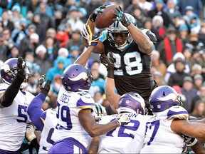 Jonathan Stewart #28 of the Carolina Panthers leaps into the end zone to score the game-winning touchdown against the Minnesota Vikings during their game at Bank of America Stadium on December 10, 2017 in Charlotte, North Carolina. The Panthers won 31-24. (Photo by Grant Halverson/Getty Images)