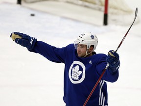 Maple Leafs centre Nazem Kadri celebrates a goal during practice at MasterCard Centre on Friday. (Dave Abel/Toronto Sun)