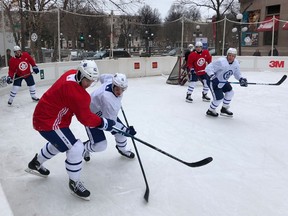 Toronto Maple Leafs players during an outdoor practice in St. Paul, Minn., on Dec. 13, 2017