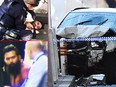 A white SUV (C) sits in the middle of the road as police and emergency personnel work at the scene of where a car ran over pedestrians in Flinders Street in Melbourne on December 21, 2017. Also pictured are two men reported to be the suspects in what police are calling a deliberate act of violence.