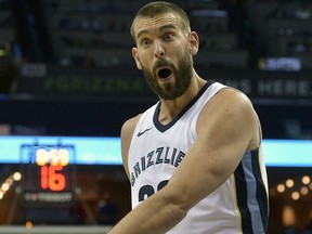 Memphis Grizzlies centre Marc Gasol reacts during an NBA game against the San Antonio Spurs on Dec. 1, 2017