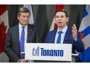 Toronto Mayor John Tory (left) and Ontario PC party leader Patrick Brown, address media at the Mayor's office at city hall in Toronto, Ont. on Friday December 1, 2017.