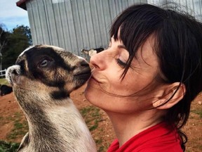 Flory Sanderson of Island Hill Farm in Hampshire, P.E.I. holds one of her goats in this undated handout image.